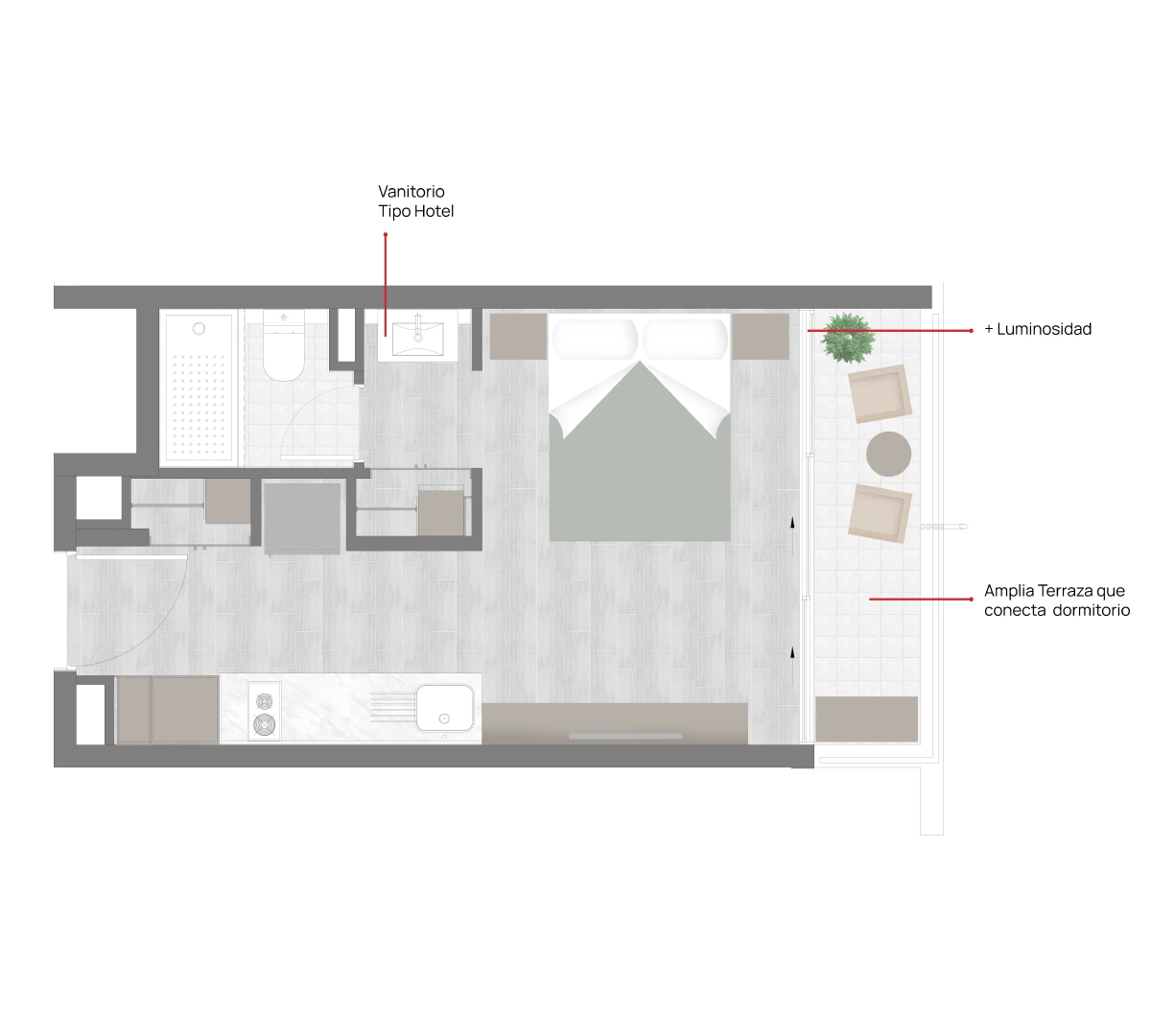 Planta 1D 1B depto. 29 m2 Edificio Carrera IV