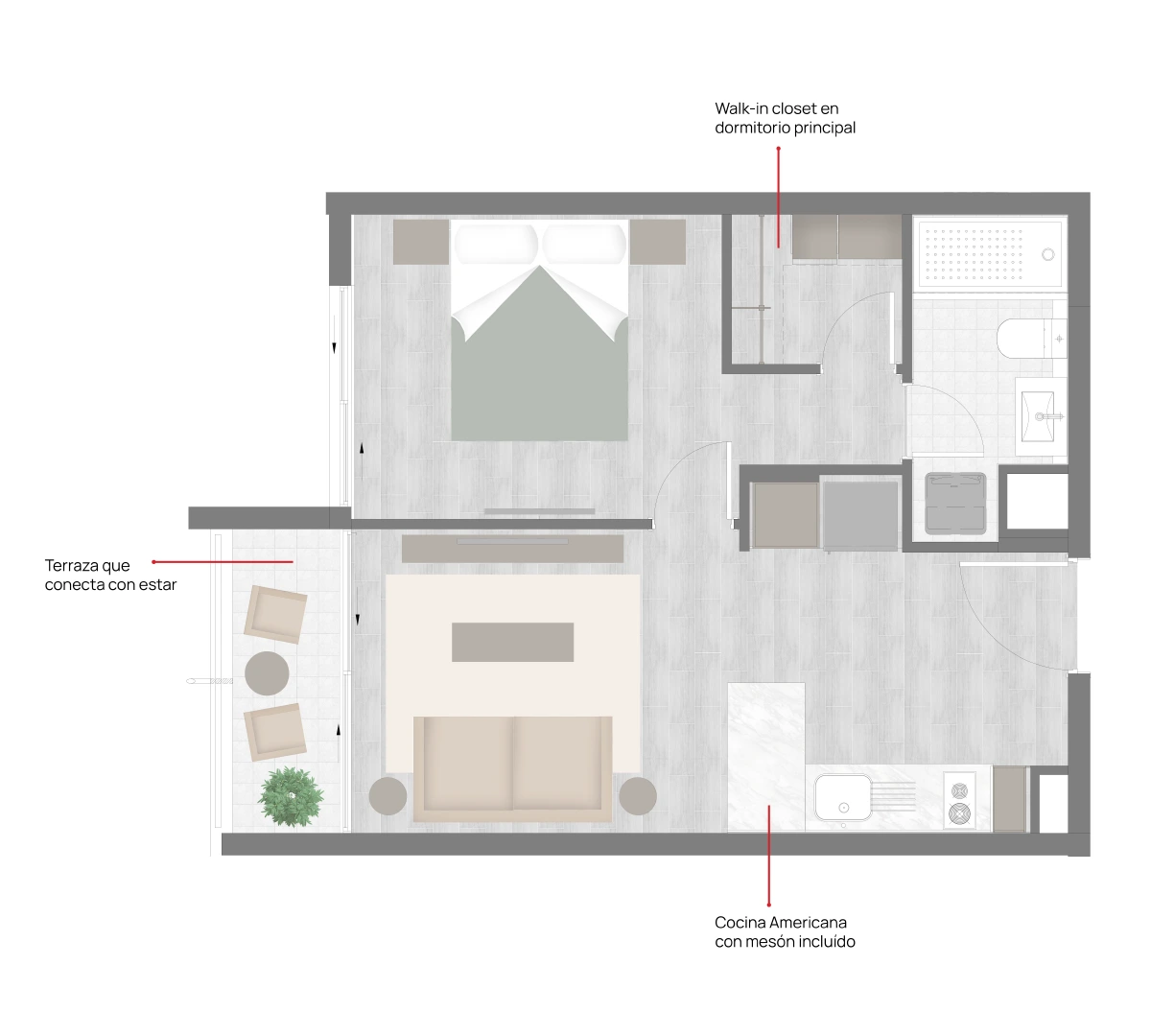 Planta 1D 1B depto. 41 m2 Edificio Carrera IV