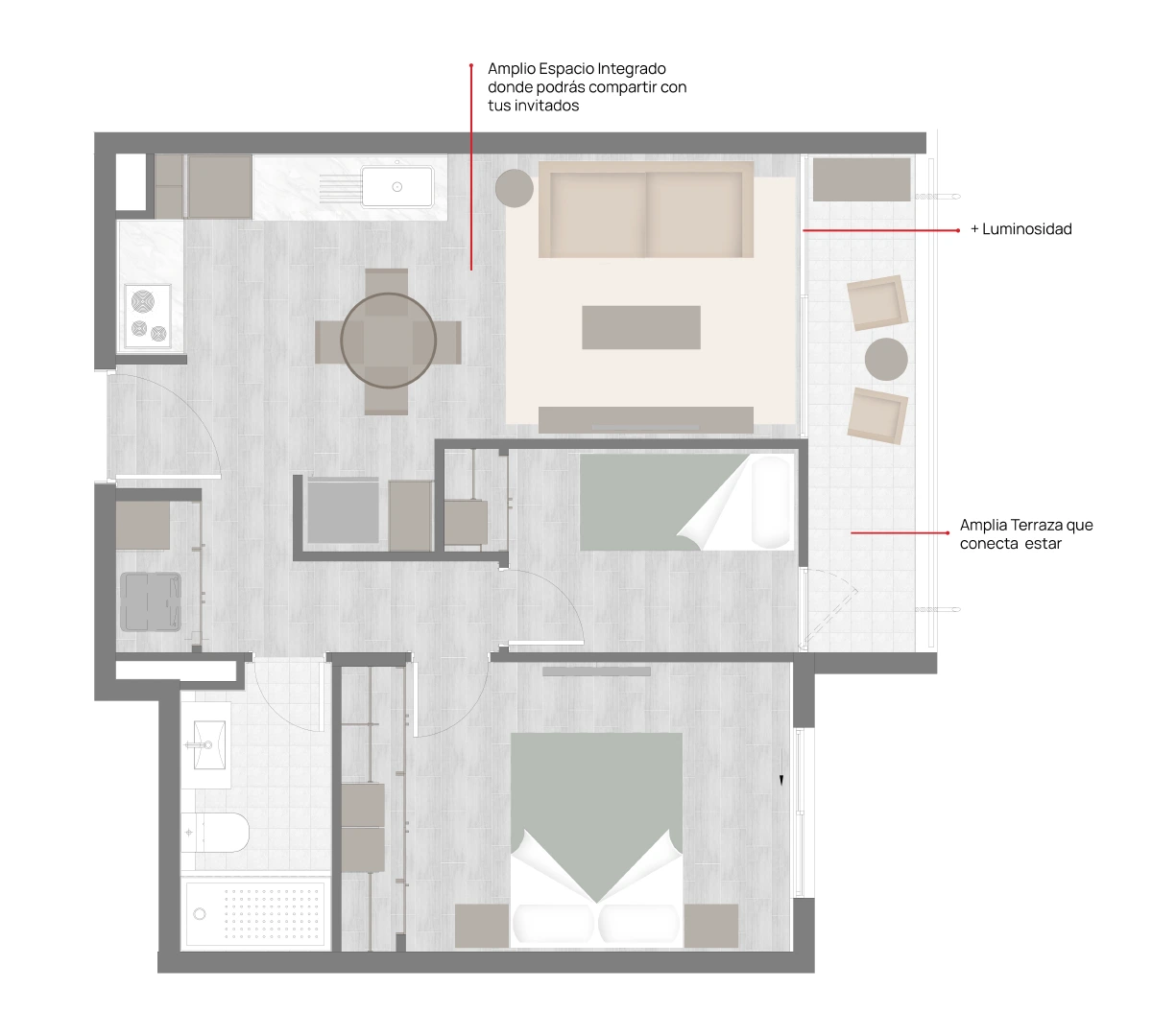 Planta 2D 1B depto. 53 m2 Edificio Carrera IV