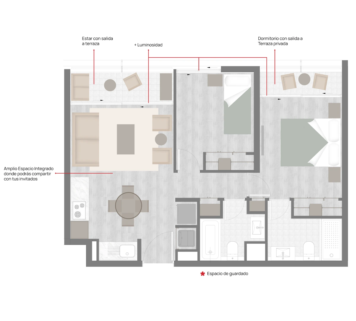 Planta 2D 2B depto. 59 m2 Edificio Carrera IV