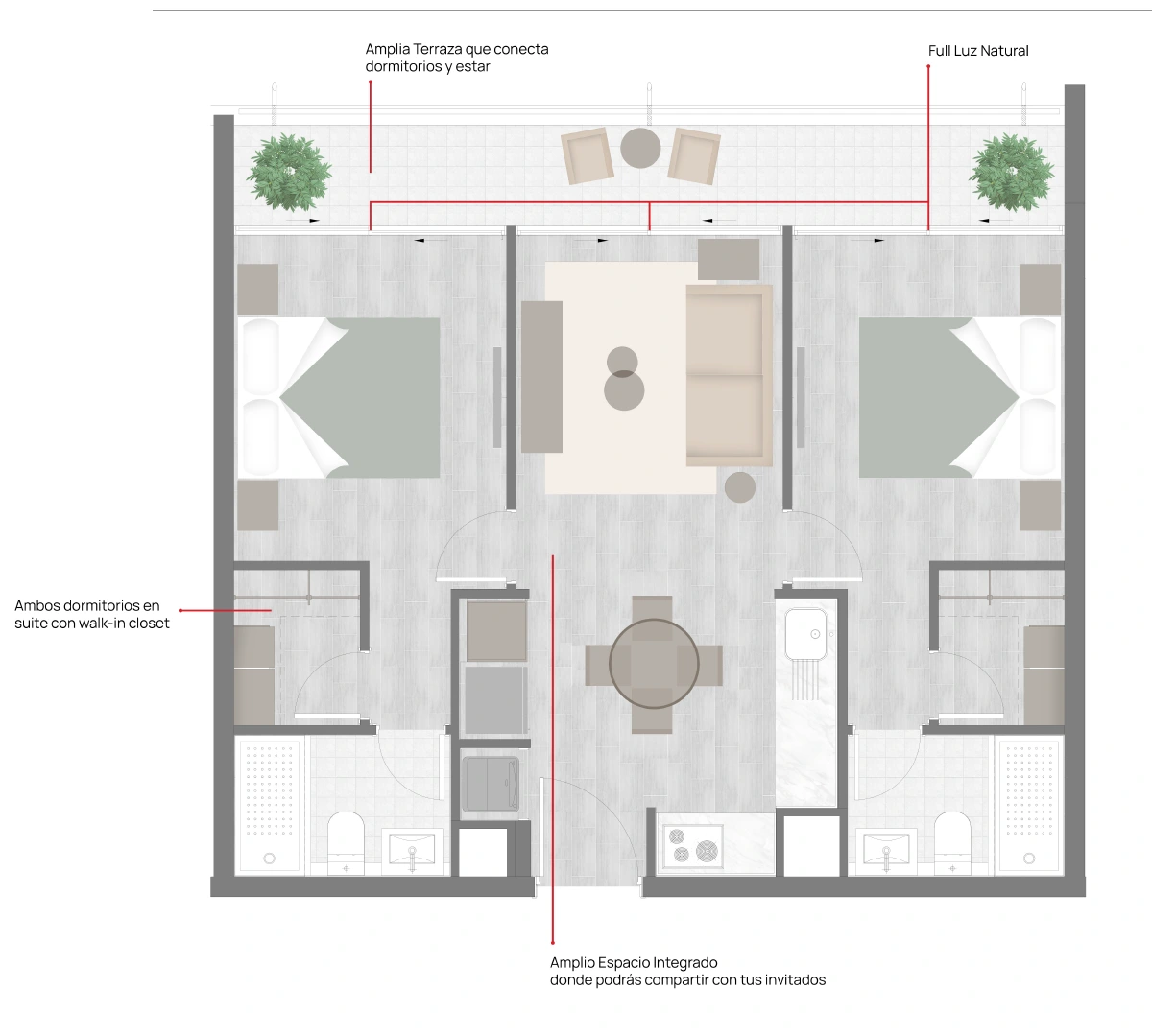 Planta 2D 2B depto. 64 m2 Edificio Carrera IV